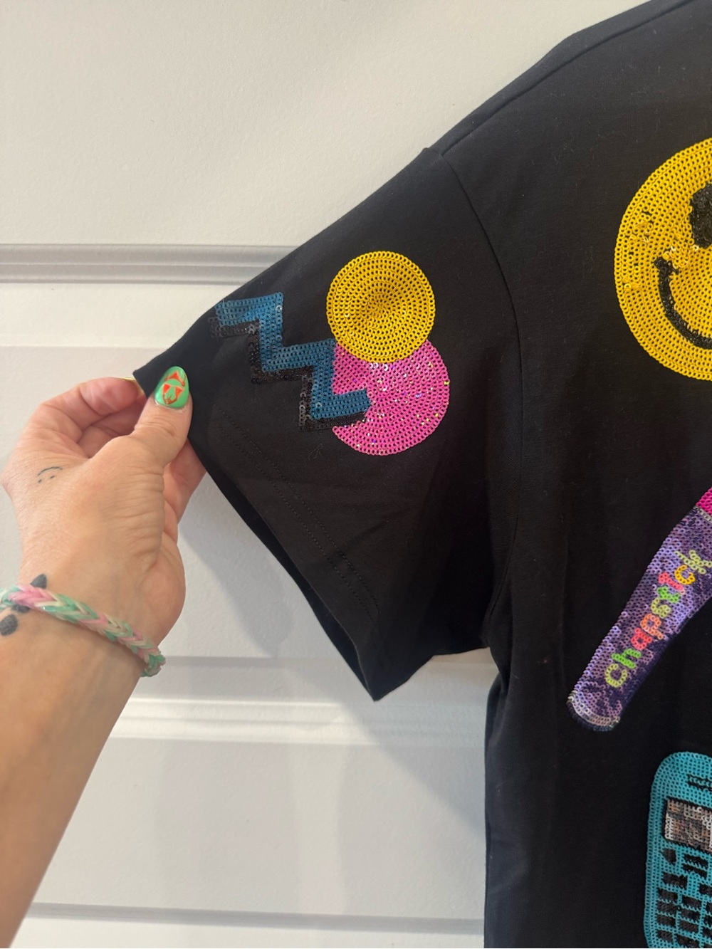 hazel Black Short-Sleeve Tee with Colorful Sequin Icons - Picture 2 of 7
